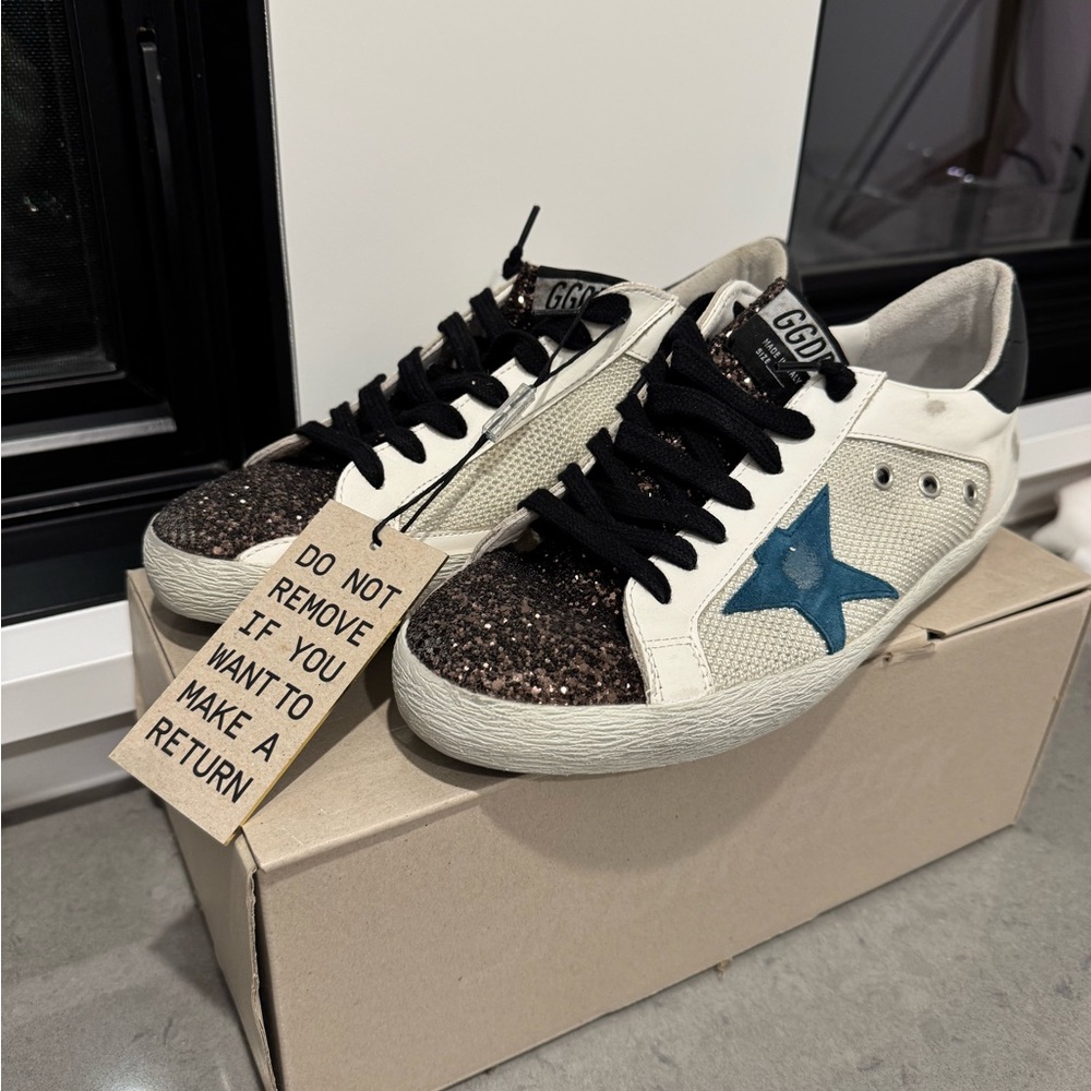 New with Tag! Golden Goose White Sneakers with Blue Star and Black Glitter